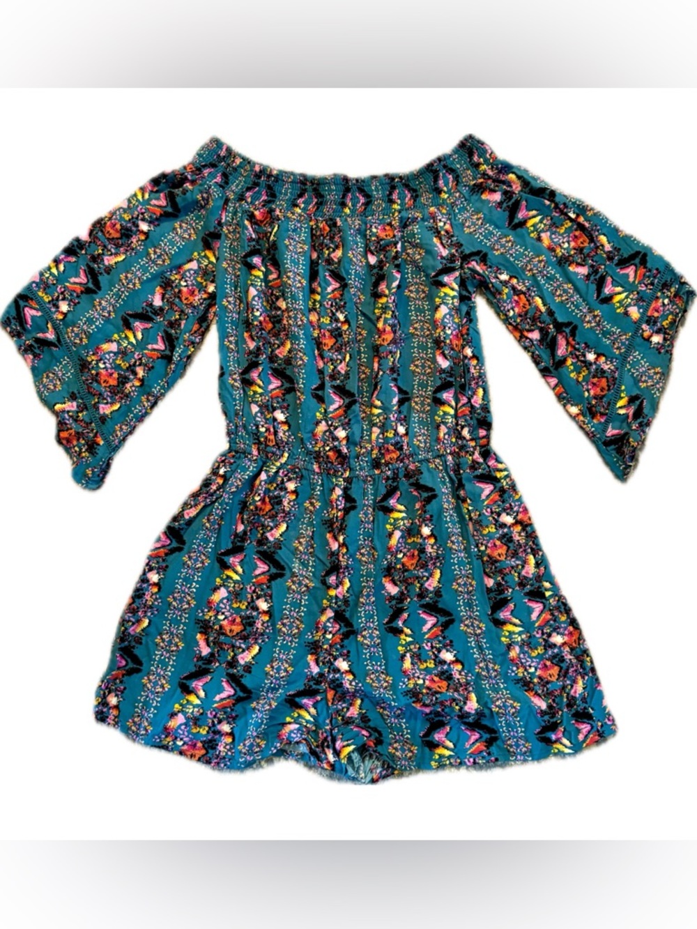 Off-Shoulder Teal Floral Print Romper